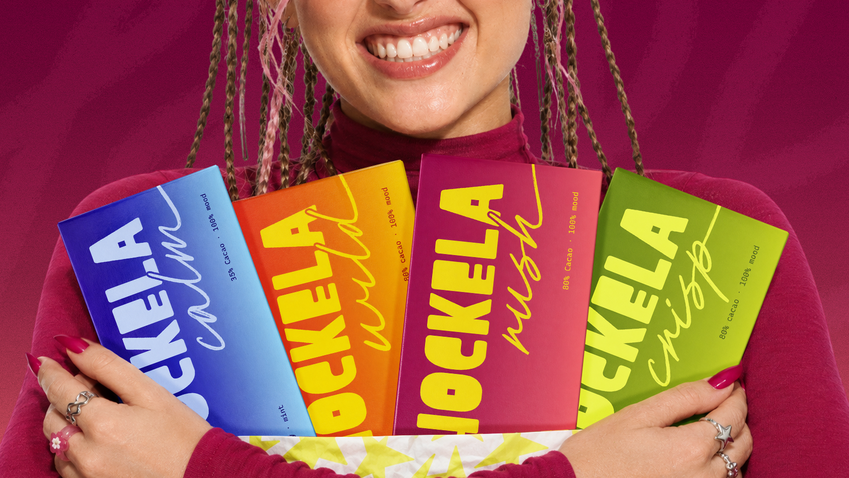 Brand identity for chocolate brand SCHOCKELA, packaging with colorful chocolate bars