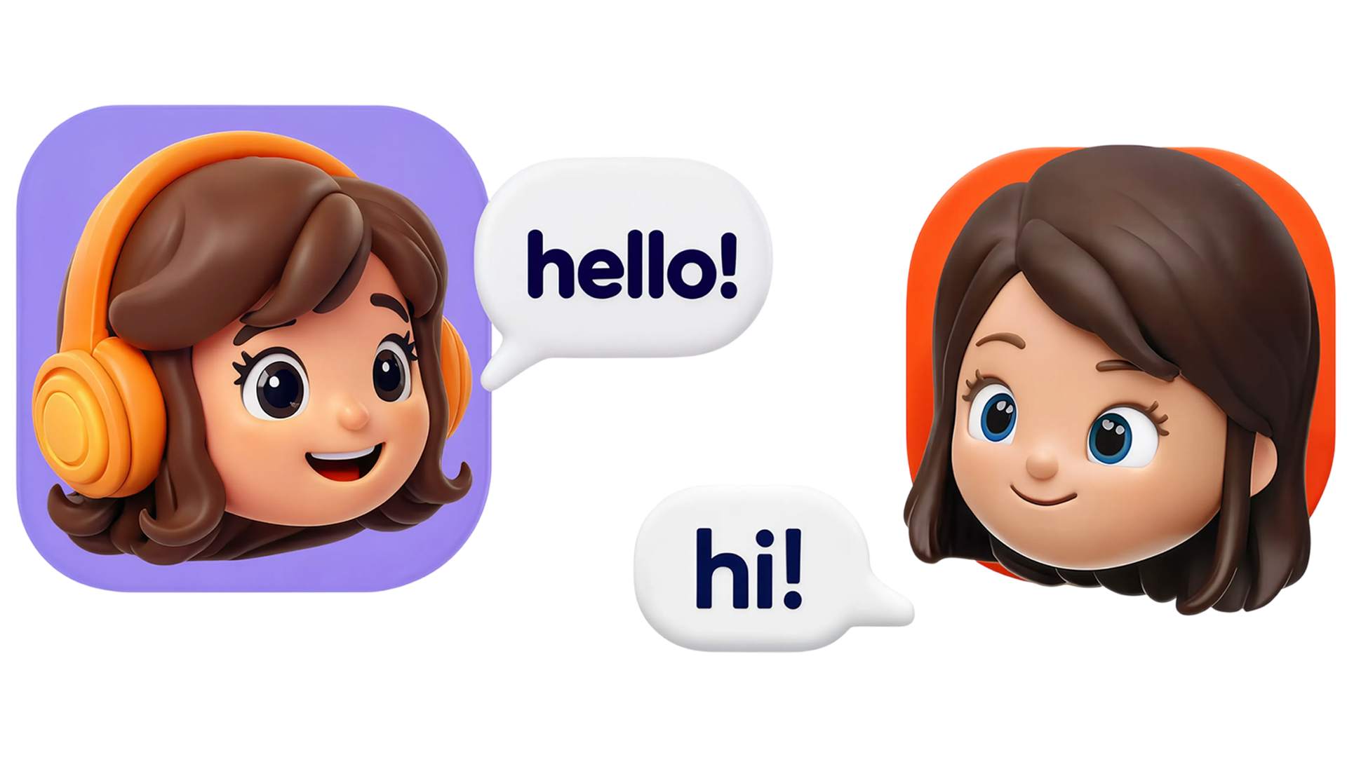 3D illustrated characters greeting each other with hello and hi speech bubbles