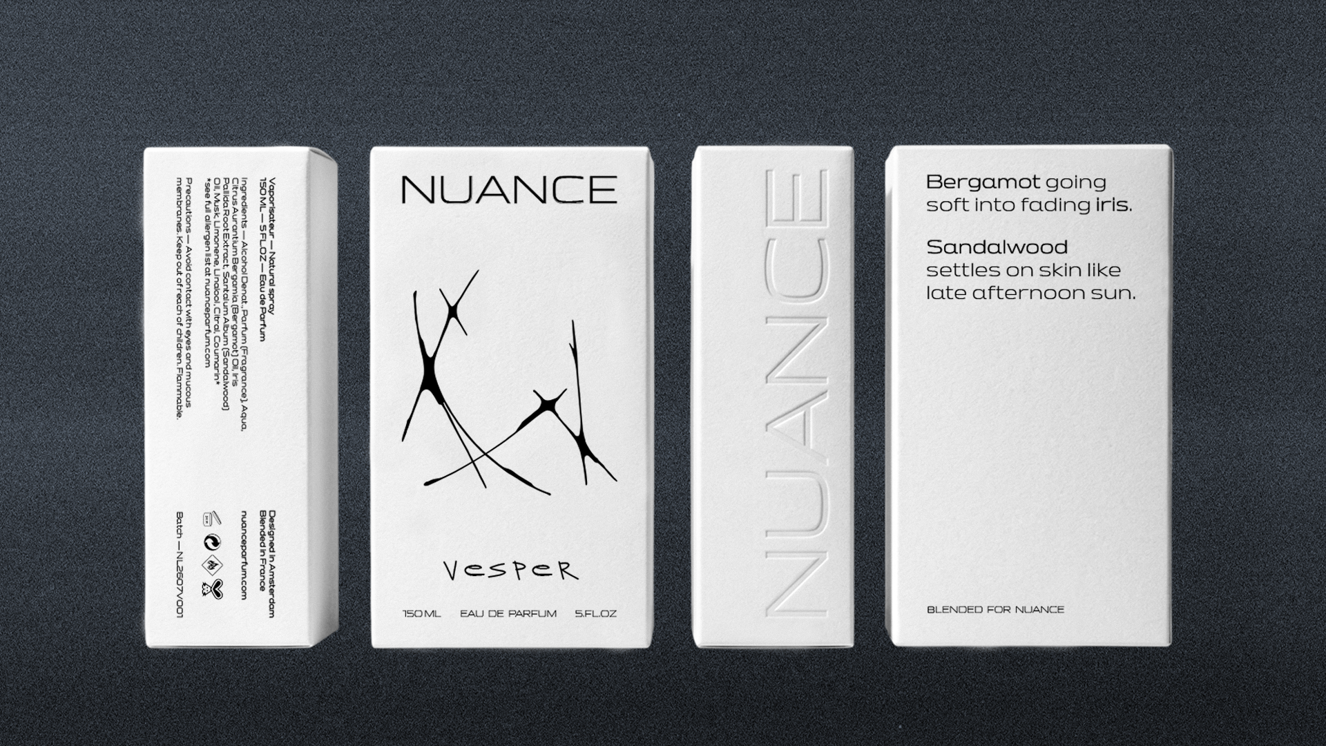 Minimal perfume packaging design for the Nuance fragrance brand